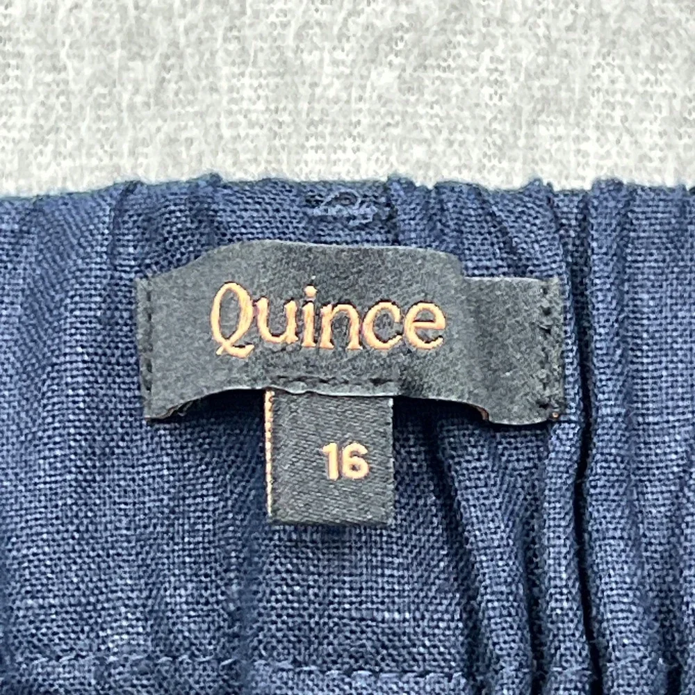 Quince Pleated Trouser Womens 16 Navy 100%  European Linen Wide Leg Elastic Back